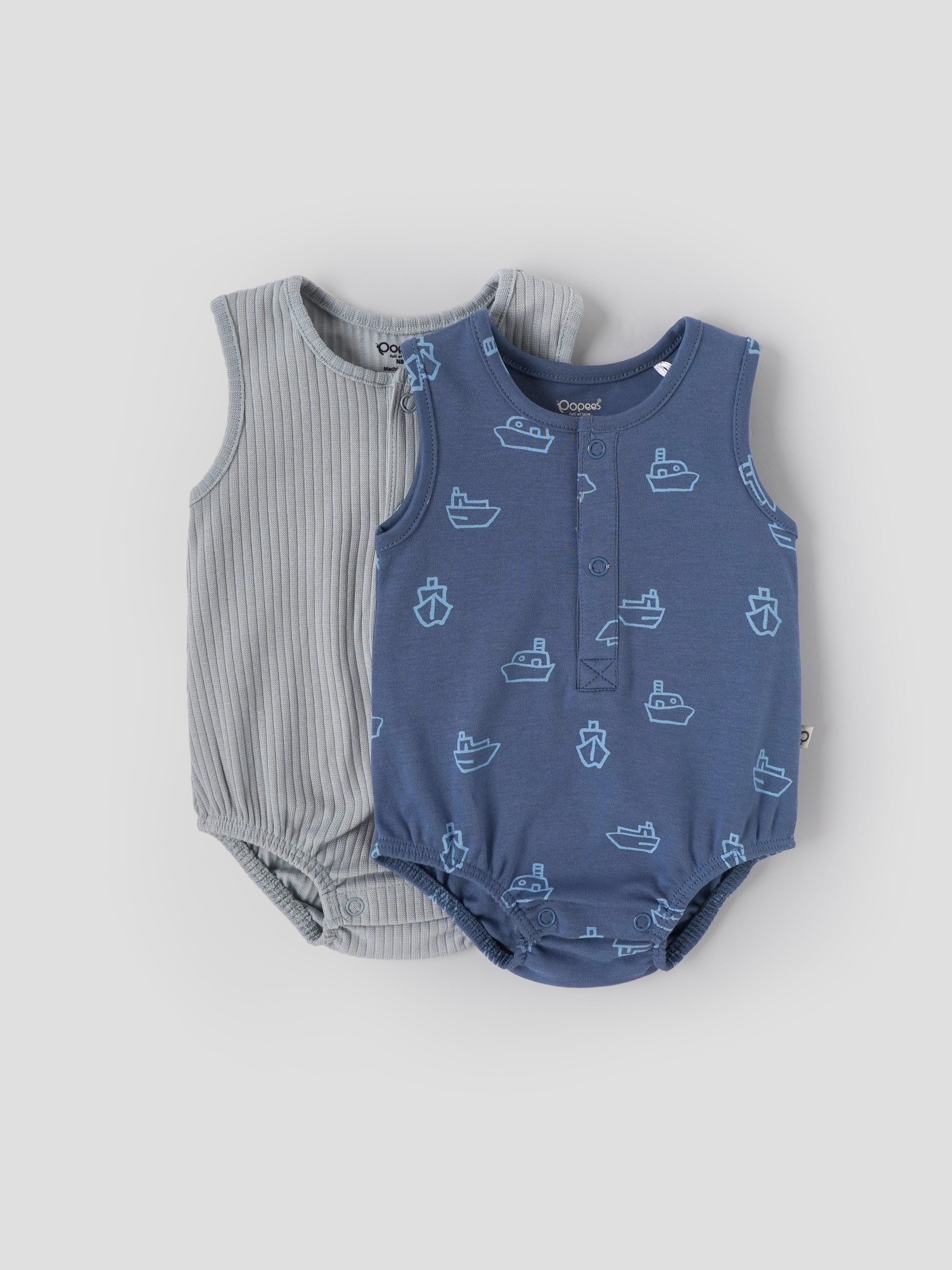 Popees Baby Boys Sleeveless Bodysuit Set Pack of 2| Tiny Baby, Newborn to 6 Months