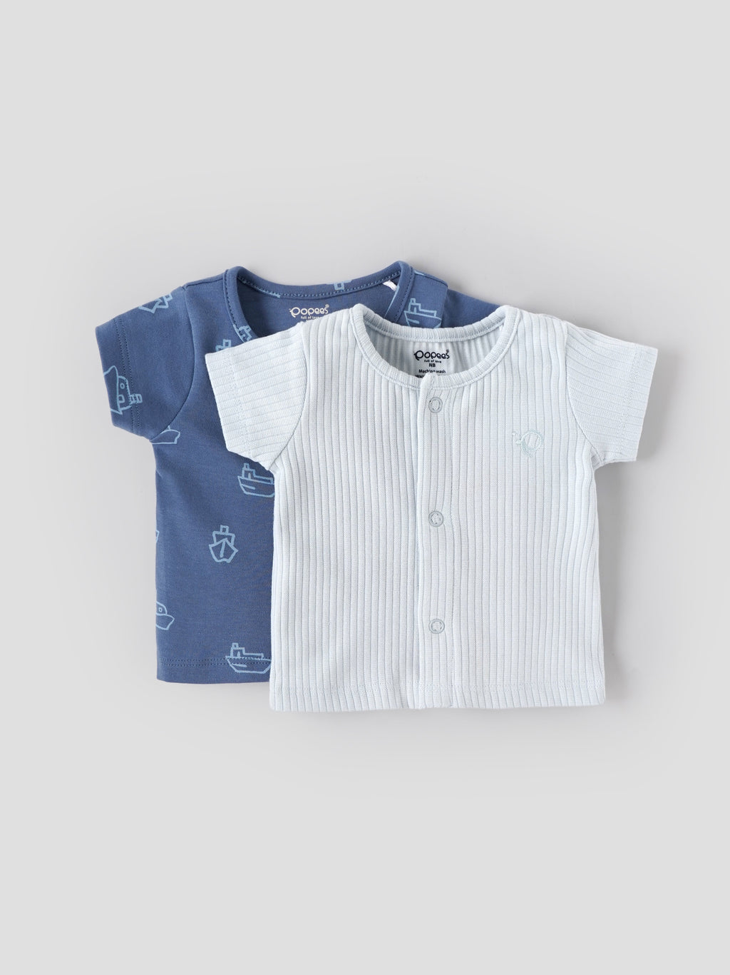 Popees Baby Boys Pack of 2 Printed & Solid T-Shirts| NB–6 Months| Soft Cotton Blend, Front Snap Closure
