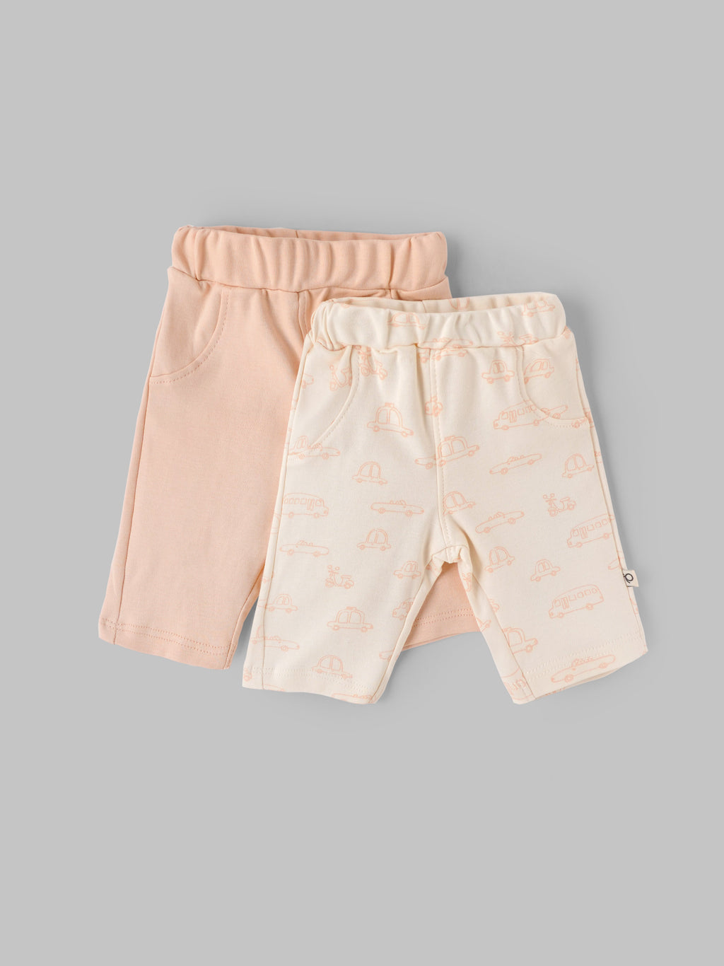 Popees Baby Boys Cotton Shorts Pack of 2 |Solid & Vehicle Print Elastic Waist (Size T, Newborn–9M)
