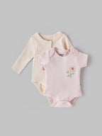 Popees Baby Girls Cotton Bodysuit Set (Pack of 2) |Soft Infant Onesie Romper, Full & Short Sleeve – Floral Print (Tiny Baby, Newborn to 6 Months)