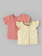 Popees Baby Girls Soft & Stylish 2-Piece Top Set | Ribbed Peach Top & Printed Ruffle Sleeve Button| 0-9 Months