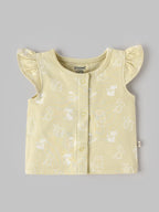 Popees Baby Girls Soft & Stylish 2-Piece Top Set | Ribbed Peach Top & Printed Ruffle Sleeve Button| 0-9 Months