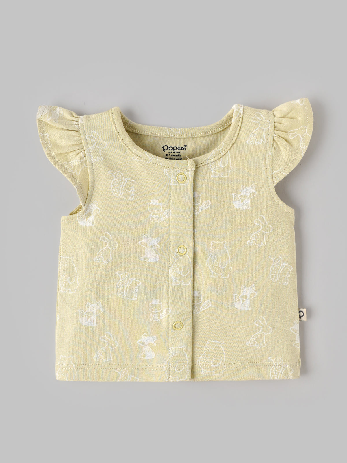 Popees Baby Girls Soft & Stylish 2-Piece Top Set | Ribbed Peach Top & Printed Ruffle Sleeve Button| 0-9 Months