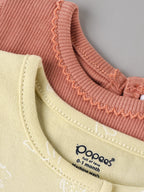 Popees Baby Girls Soft & Stylish 2-Piece Top Set | Ribbed Peach Top & Printed Ruffle Sleeve Button| 0-9 Months