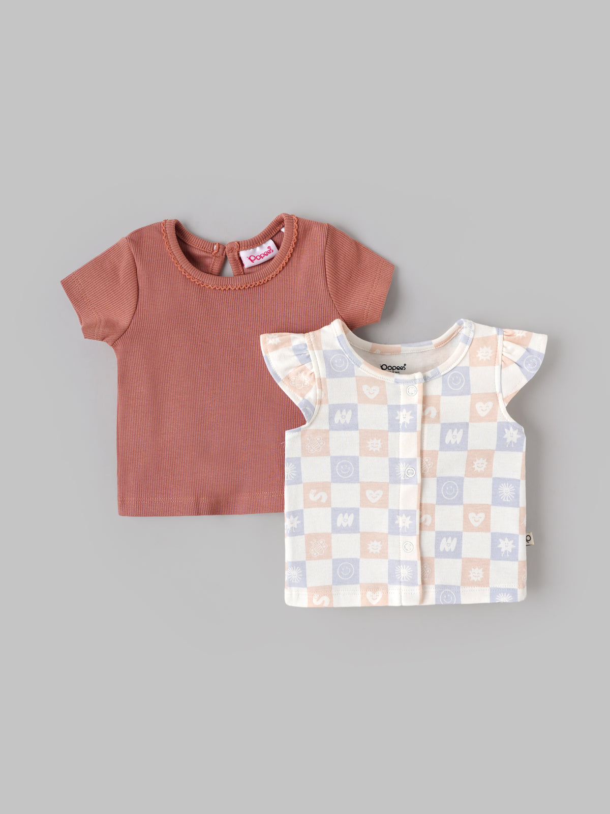 Popees Baby Girls 2-Piece T-Shirt Set | Rust Ribbed Half Sleeve Top and Printed Sleeveless Front-Open Top| 0-9 Months