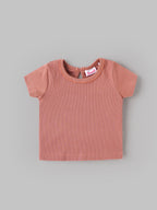 Popees Baby Girls 2-Piece T-Shirt Set | Rust Ribbed Half Sleeve Top and Printed Sleeveless Front-Open Top| 0-9 Months