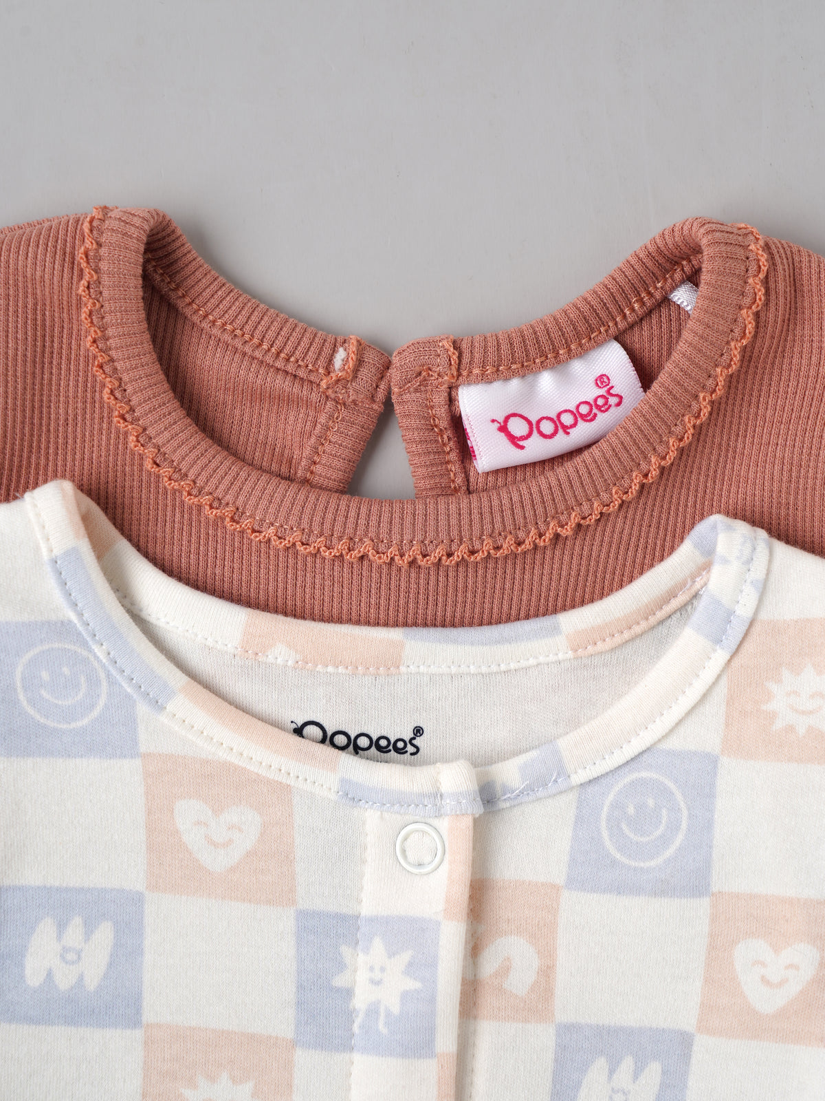 Popees Baby Girls 2-Piece T-Shirt Set | Rust Ribbed Half Sleeve Top and Printed Sleeveless Front-Open Top| 0-9 Months
