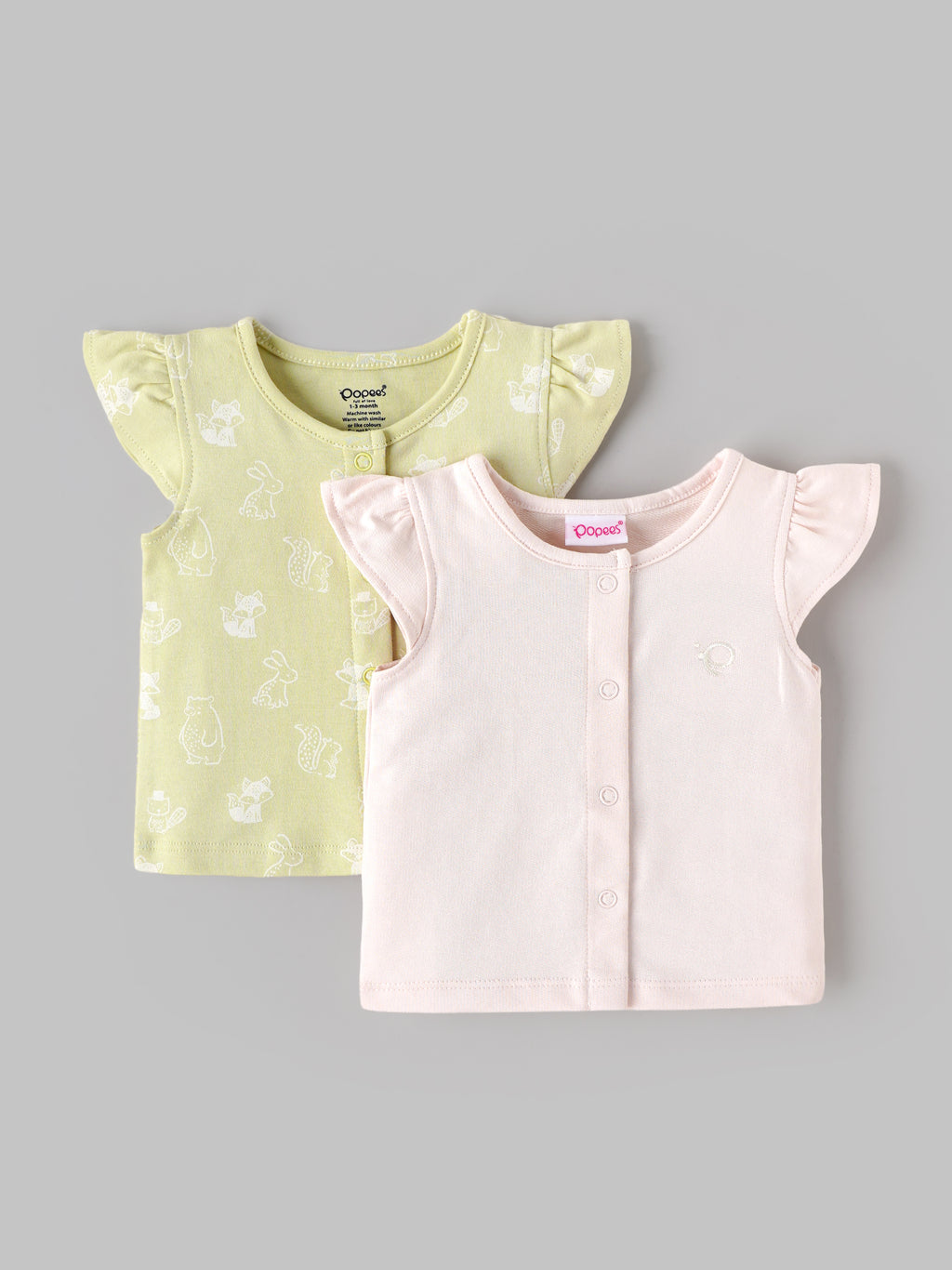 Popees Baby Girls Soft Sleeveless Top Set | Cute Printed & Solid Flutter Sleeve Tops | Pack of 2| 0-9 Months