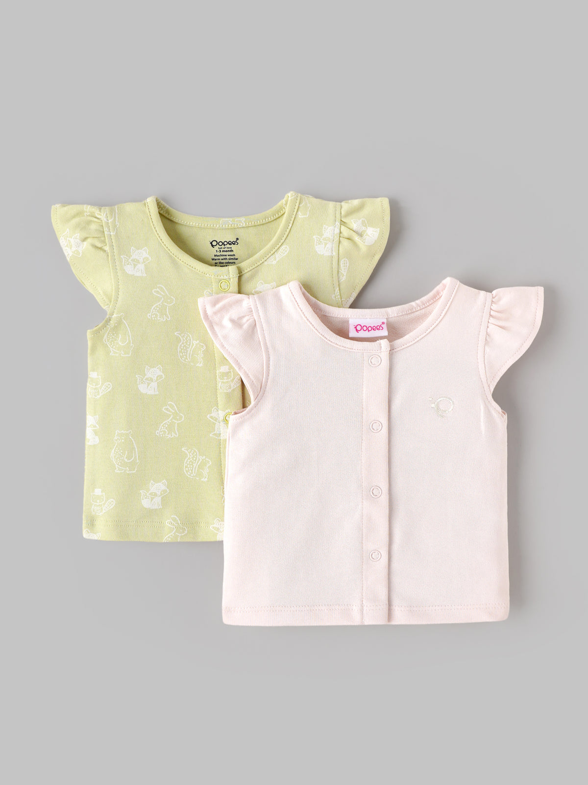 Popees Baby Girls Soft Sleeveless Top Set | Cute Printed & Solid Flutter Sleeve Tops | Pack of 2| 0-9 Months