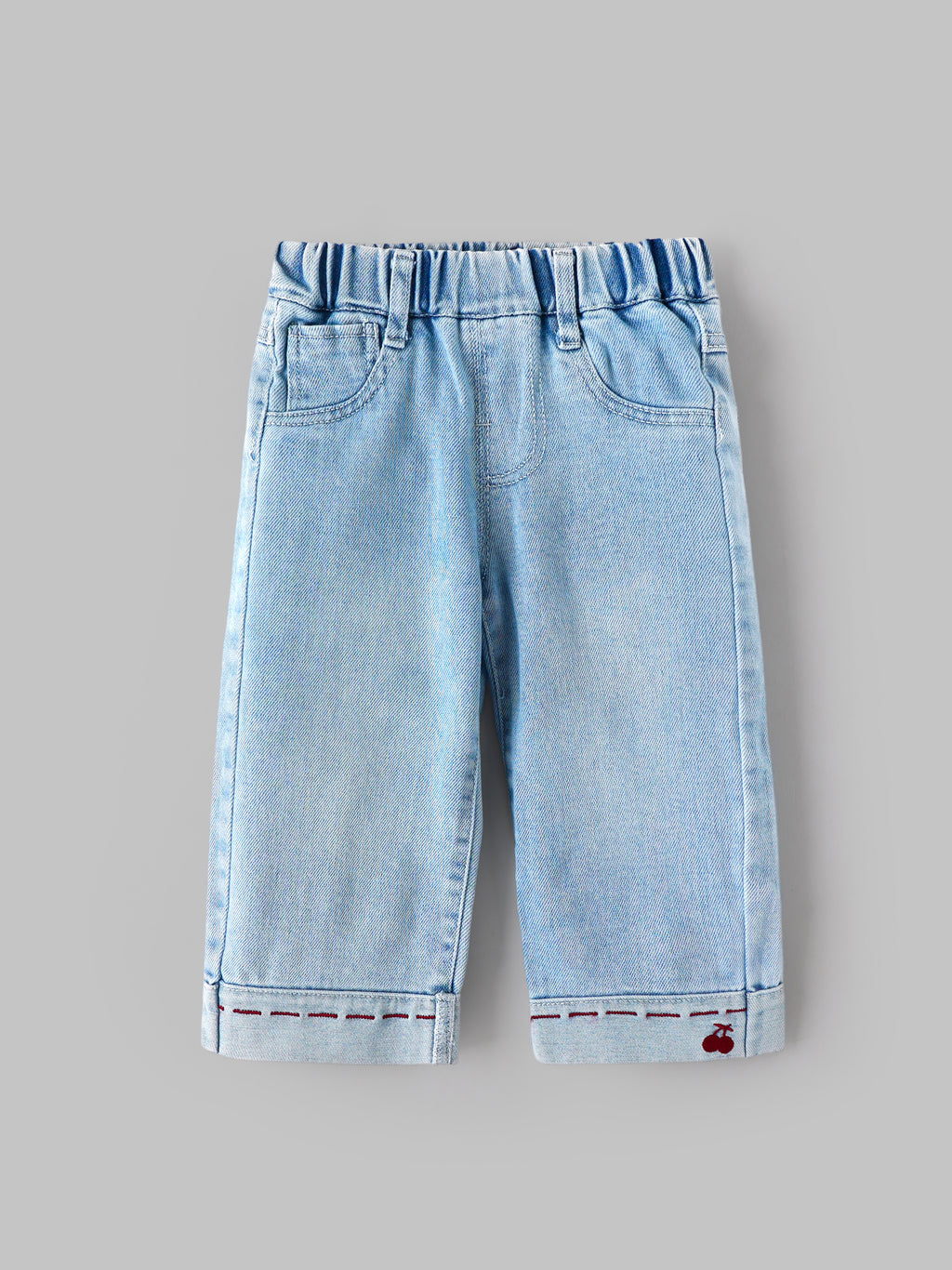 Popees Baby Girls Light Blue Denim Jeans with Elastic Waistband, Front Pockets & Cherry Embroidery | 6-36 Months
