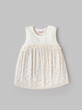 Popees Baby Girls Cream Sleeveless Dress | Cute Bow Print Gathered Dress with Round Neck| 0-9 Months