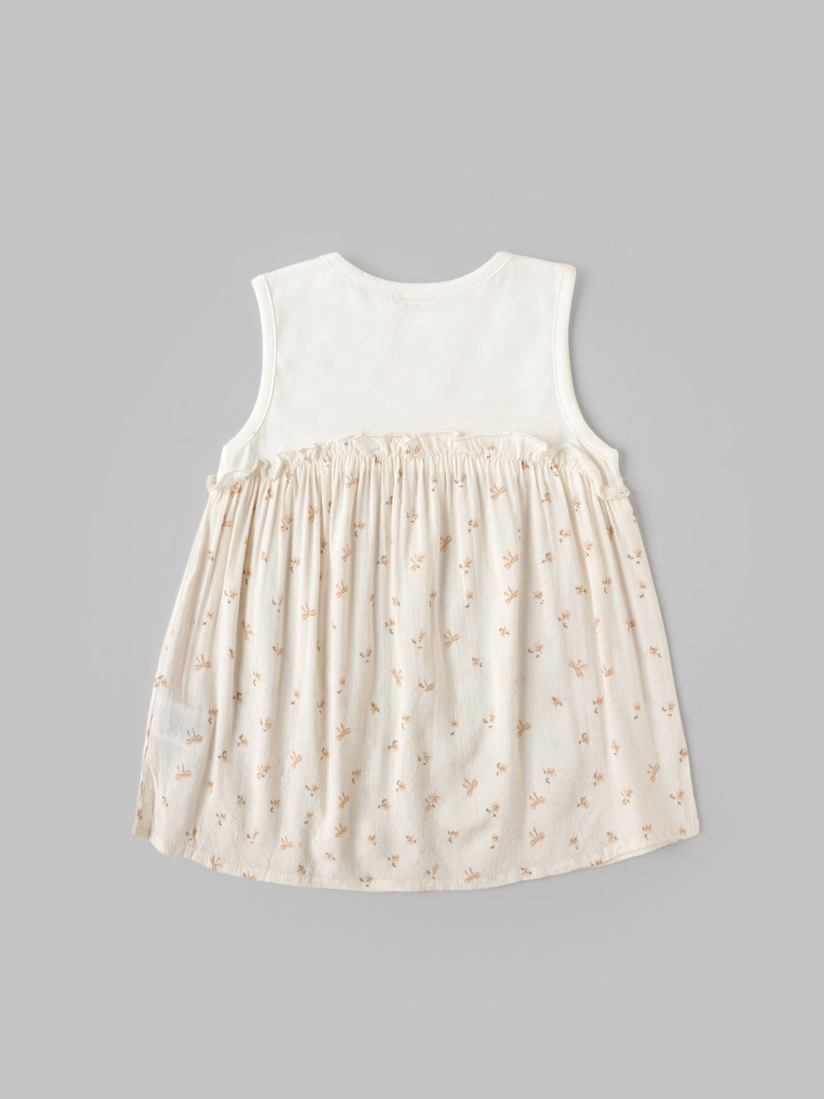 Popees Baby Girls Cream Sleeveless Dress | Cute Bow Print Gathered Dress with Round Neck| 0-9 Months