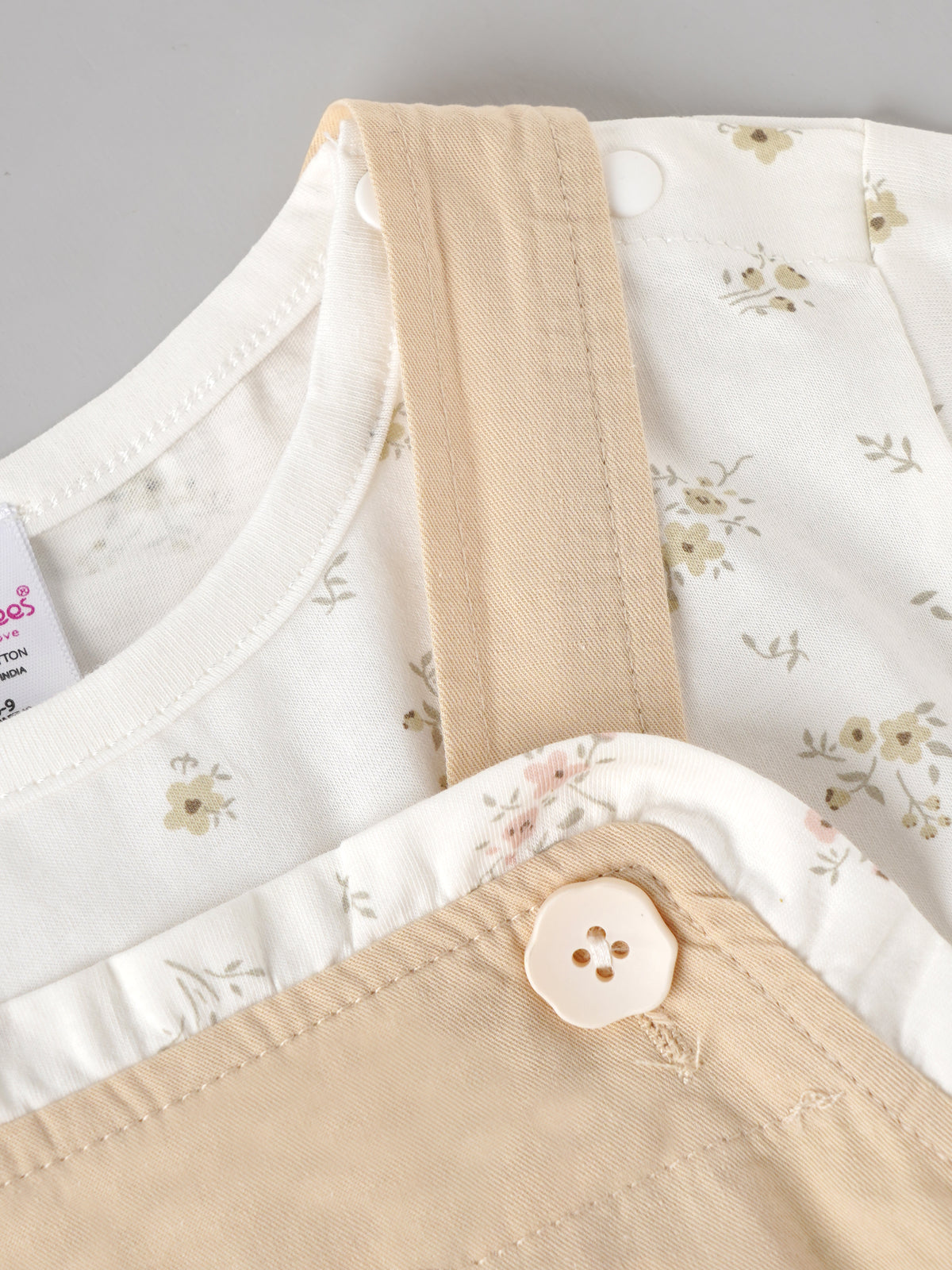 Popees Baby Girls Soft & Stylish Floral Printed Dungaree Set | Cute Ruffle Sleeve Top with Bow Detail Pocket & Matching Dungaree | 6-18 Months