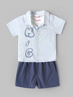 Popees Boys Illusion Blue Co-ord Set | Half Sleeve Printed Shirt & Navy Shorts | 9M–4Y