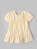 Popees Baby Girls Vanilla Ice Cotton Dress with Floral Embroidery and Short Sleeves -9 Months to 5 Years