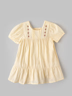Popees Baby Girls Vanilla Ice Cotton Dress with Floral Embroidery and Short Sleeves -9 Months to 5 Years