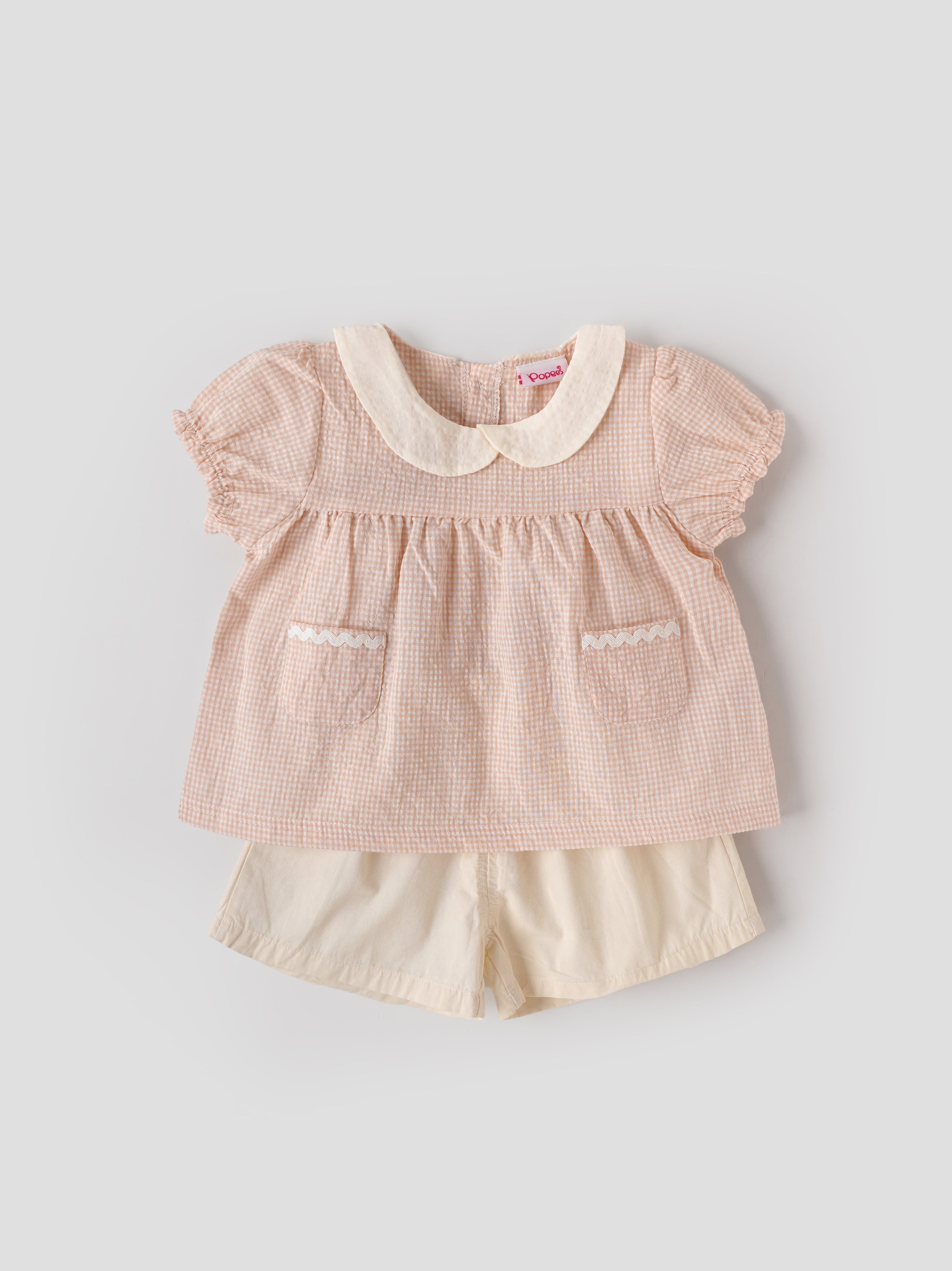 Popees Baby Girls Back Open Top & Shorts Set | Peach Check | 9 Months to 4 Years