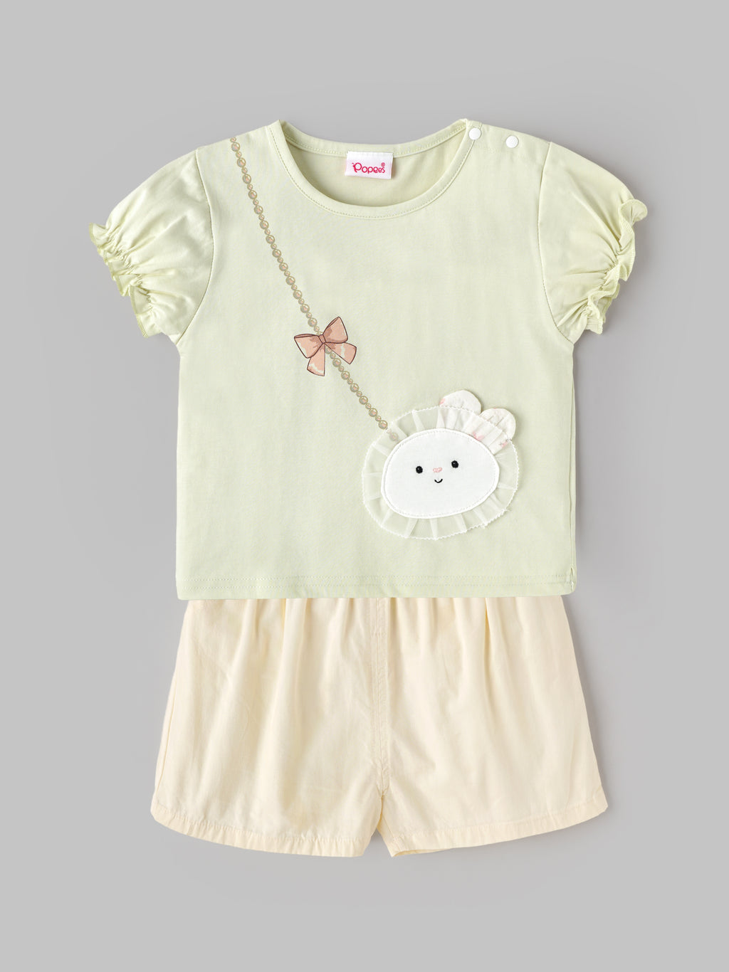 Popees Baby Girls Soft & Stylish Lion Applique Coordinated Set| Cute Puff Sleeve Top with Crossbody Lion Purse Detail & Matching Shorts | Comfortable Casual Wear Set | 9 Months–4 Years
