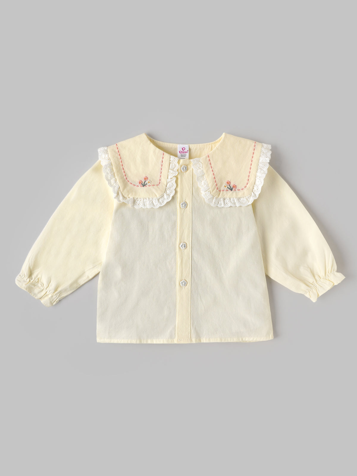 Popees Baby Girls Soft & Stylish Embroidered Collar Top | Floral Embroidery Lace Detailed Full Sleeve Shirt with Front Button Closure | 9 Months– 5 Years