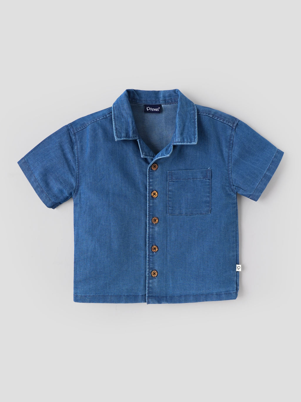 Popees Baby Boys Stylish Denim-Style Half Sleeve Shirt | Soft & Comfortable Collared Shirt with Front Pocket & Wooden Buttons | Casual Everyday Wear|3-36 Months