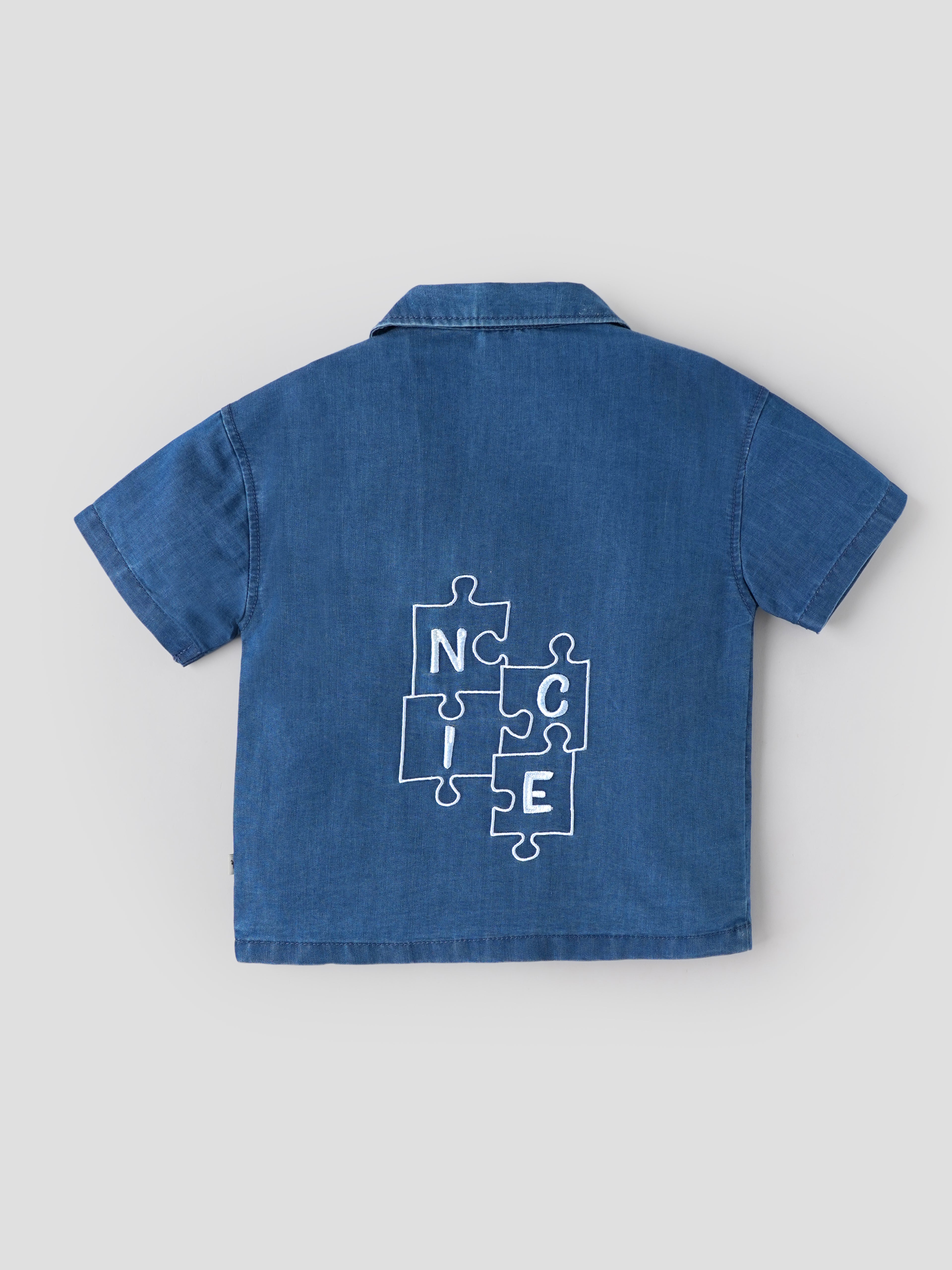 Popees Baby Boys Stylish Denim-Style Half Sleeve Shirt | Soft & Comfortable Collared Shirt with Front Pocket & Wooden Buttons | Casual Everyday Wear|3-36 Months