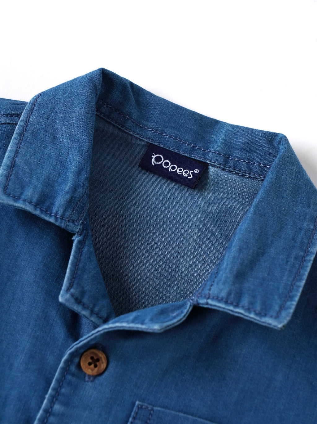 Popees Baby Boys Stylish Denim-Style Half Sleeve Shirt | Soft & Comfortable Collared Shirt with Front Pocket & Wooden Buttons | Casual Everyday Wear|3-36 Months