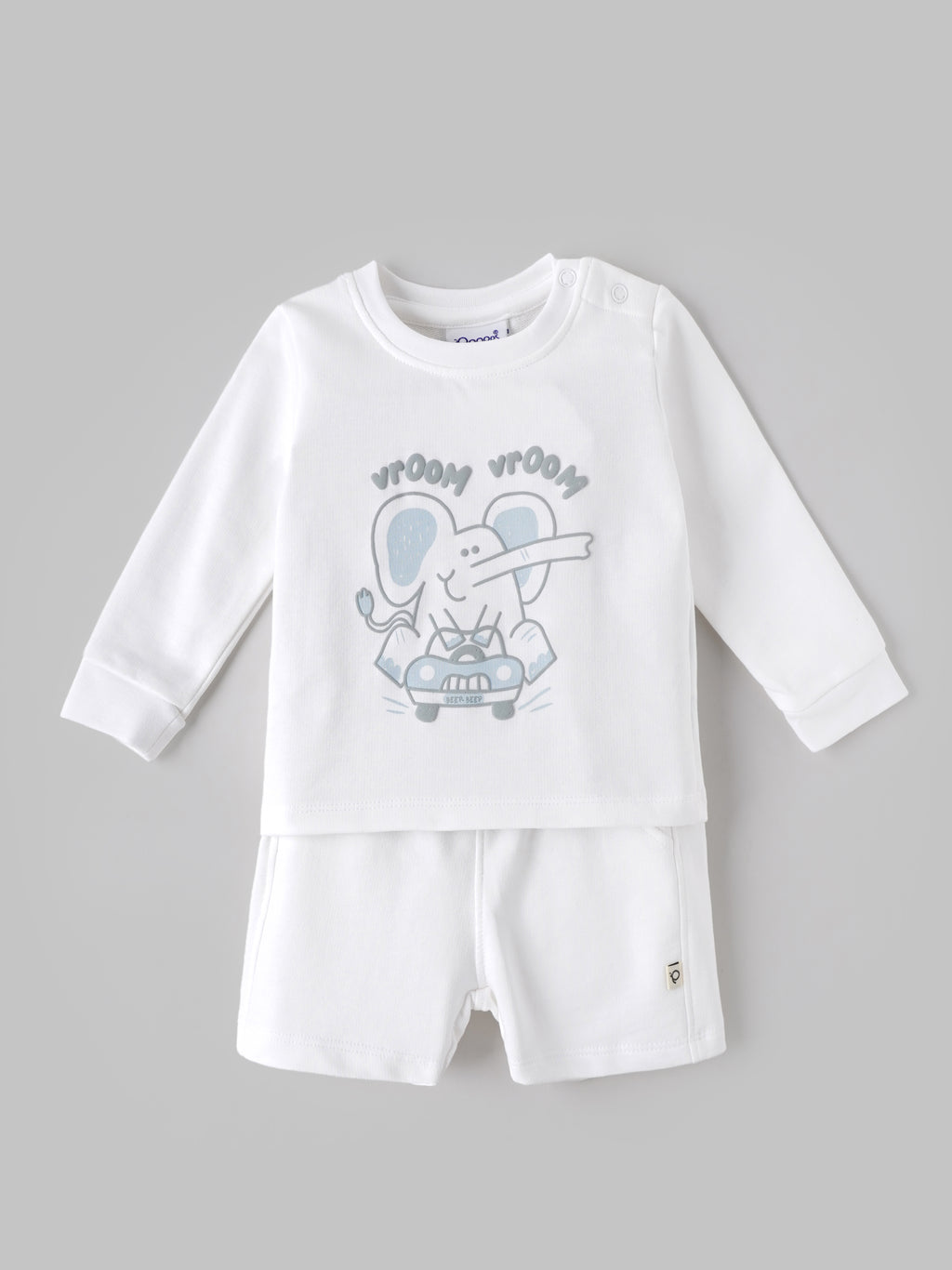Popees Baby Boys Soft & Stylish Full Sleeve T-Shirt and Shorts Set | Cute Elephant Printed Comfortable Co-Ord Set | White |3 - 36 Months