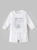 Popees Baby Boys Soft & Stylish Full Sleeve T-Shirt and Shorts Set | Cute Elephant Printed Comfortable Co-Ord Set | White |3 - 36 Months
