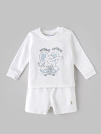 Popees Baby Boys Soft & Stylish Full Sleeve T-Shirt and Shorts Set | Cute Elephant Printed Comfortable Co-Ord Set | White |3 - 36 Months