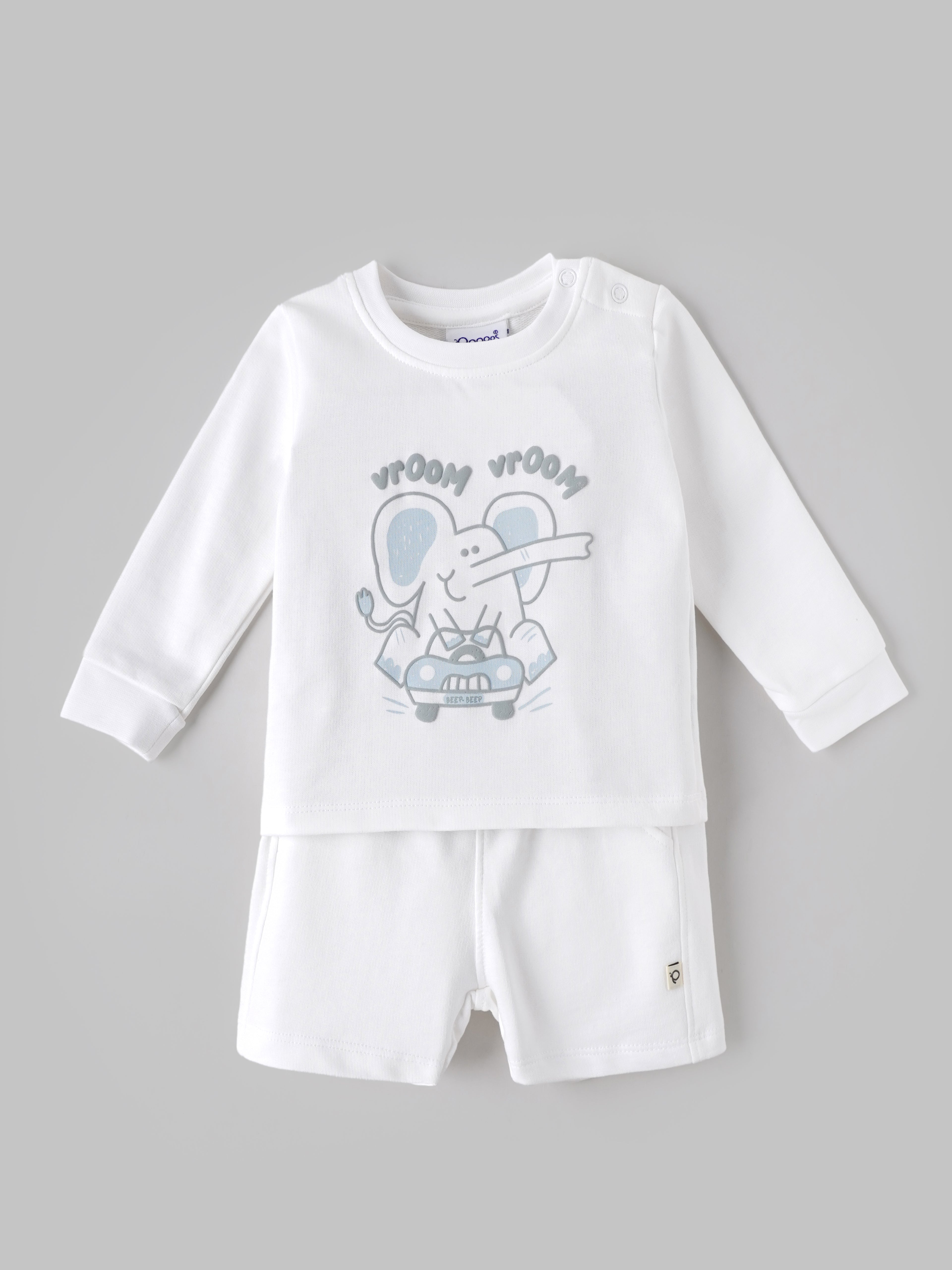 Popees Baby Boys Soft & Stylish Full Sleeve T-Shirt and Shorts Set | Cute Elephant Printed Comfortable Co-Ord Set | White |3 - 36 Months