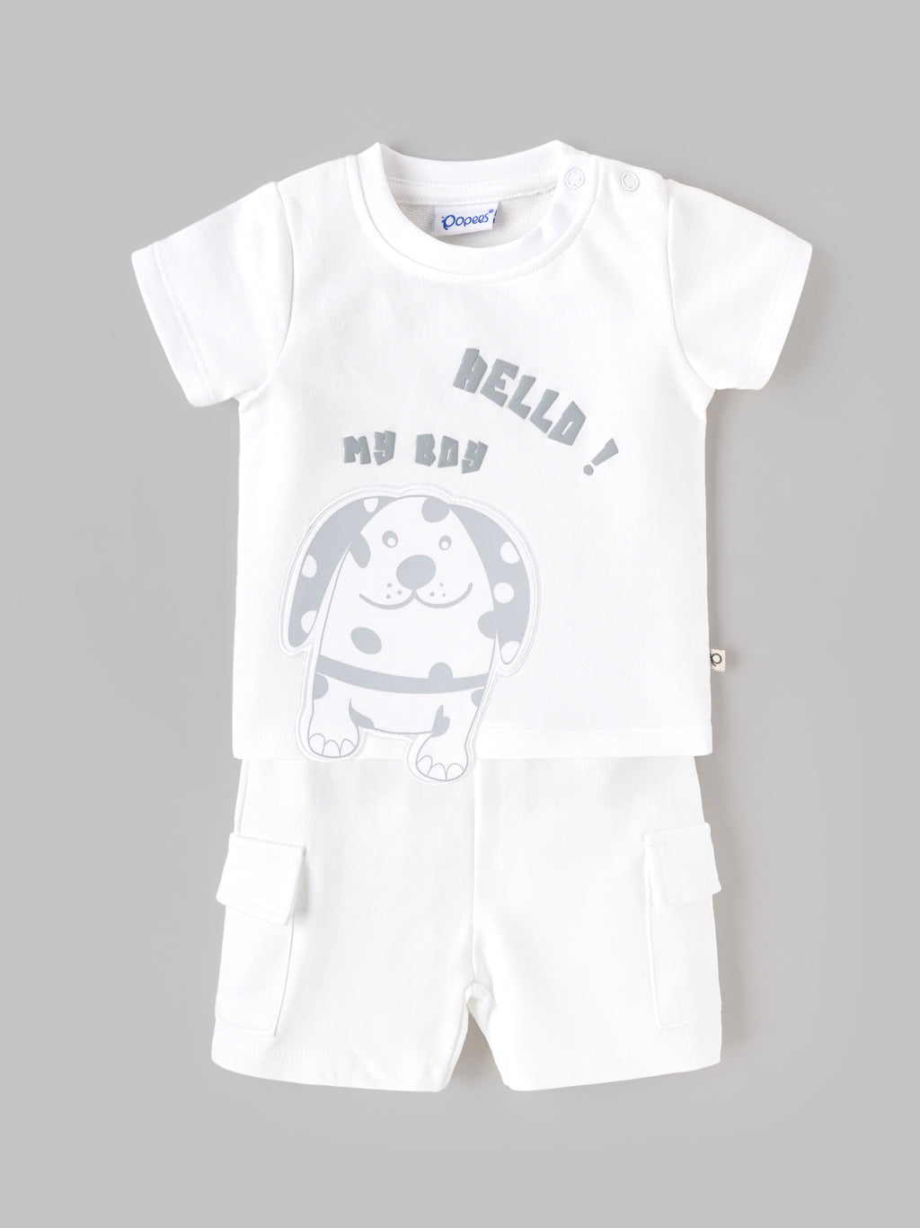 Popees Baby Boys Stylish T-Shirt & Cargo Shorts Set | Soft Cotton Half Sleeve Printed T-Shirt with Pocket Detail Shorts | White | Casual Wear| 3-24 Months