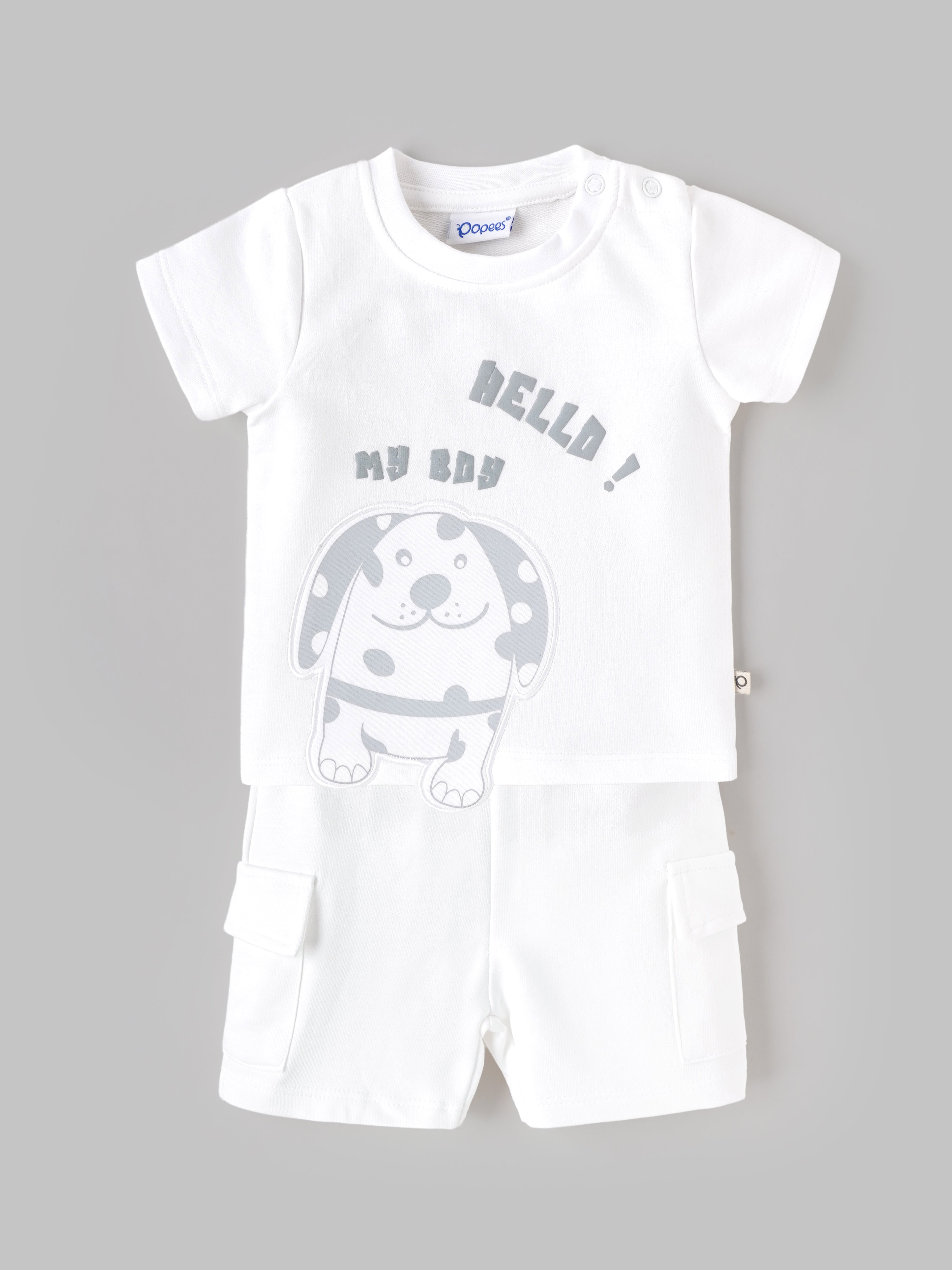 Popees Baby Boys Stylish T-Shirt & Cargo Shorts Set | Soft Cotton Half Sleeve Printed T-Shirt with Pocket Detail Shorts | White | Casual Wear| 3-24 Months