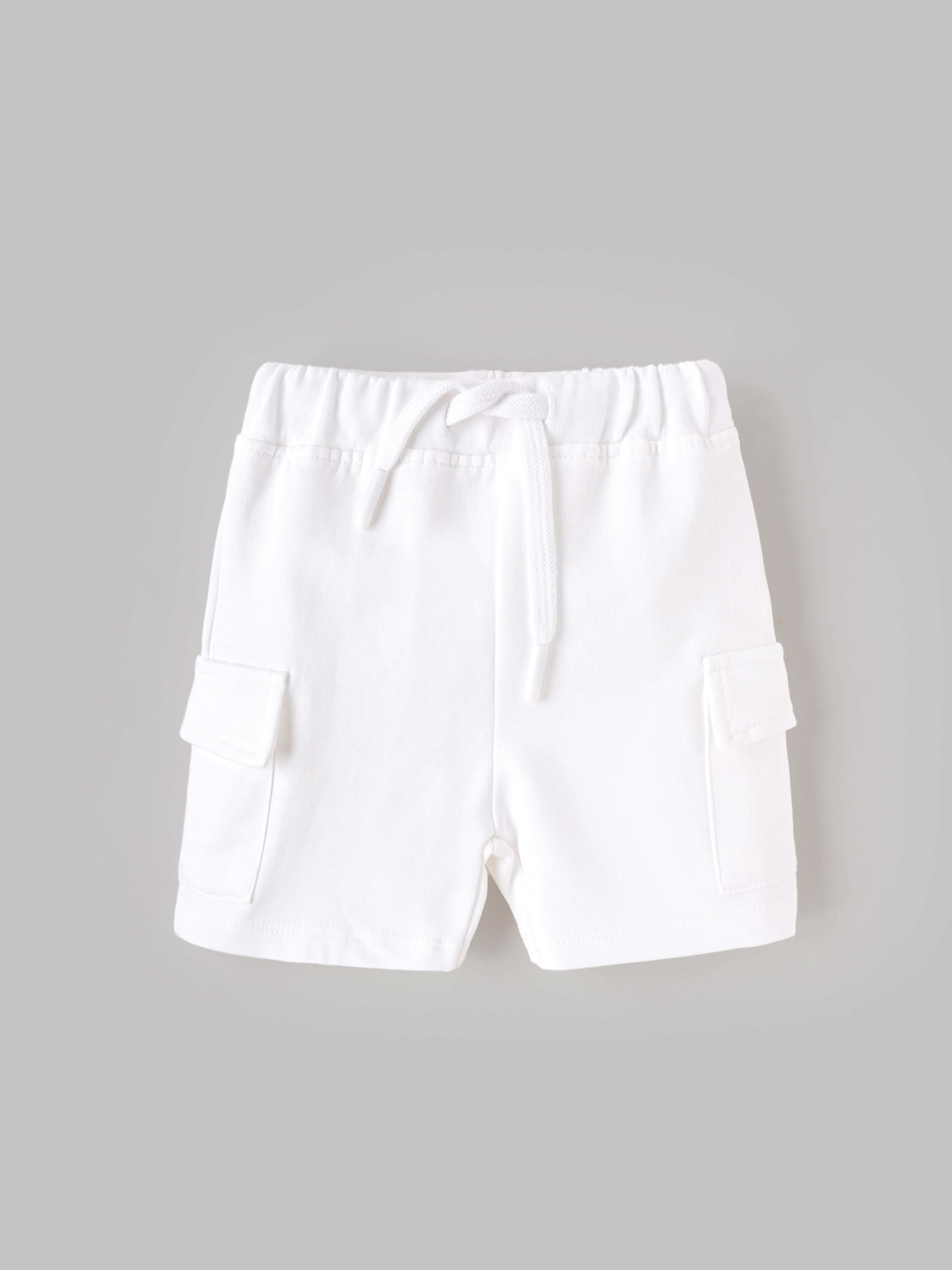 Popees Baby Boys Stylish T-Shirt & Cargo Shorts Set | Soft Cotton Half Sleeve Printed T-Shirt with Pocket Detail Shorts | White | Casual Wear| 3-24 Months