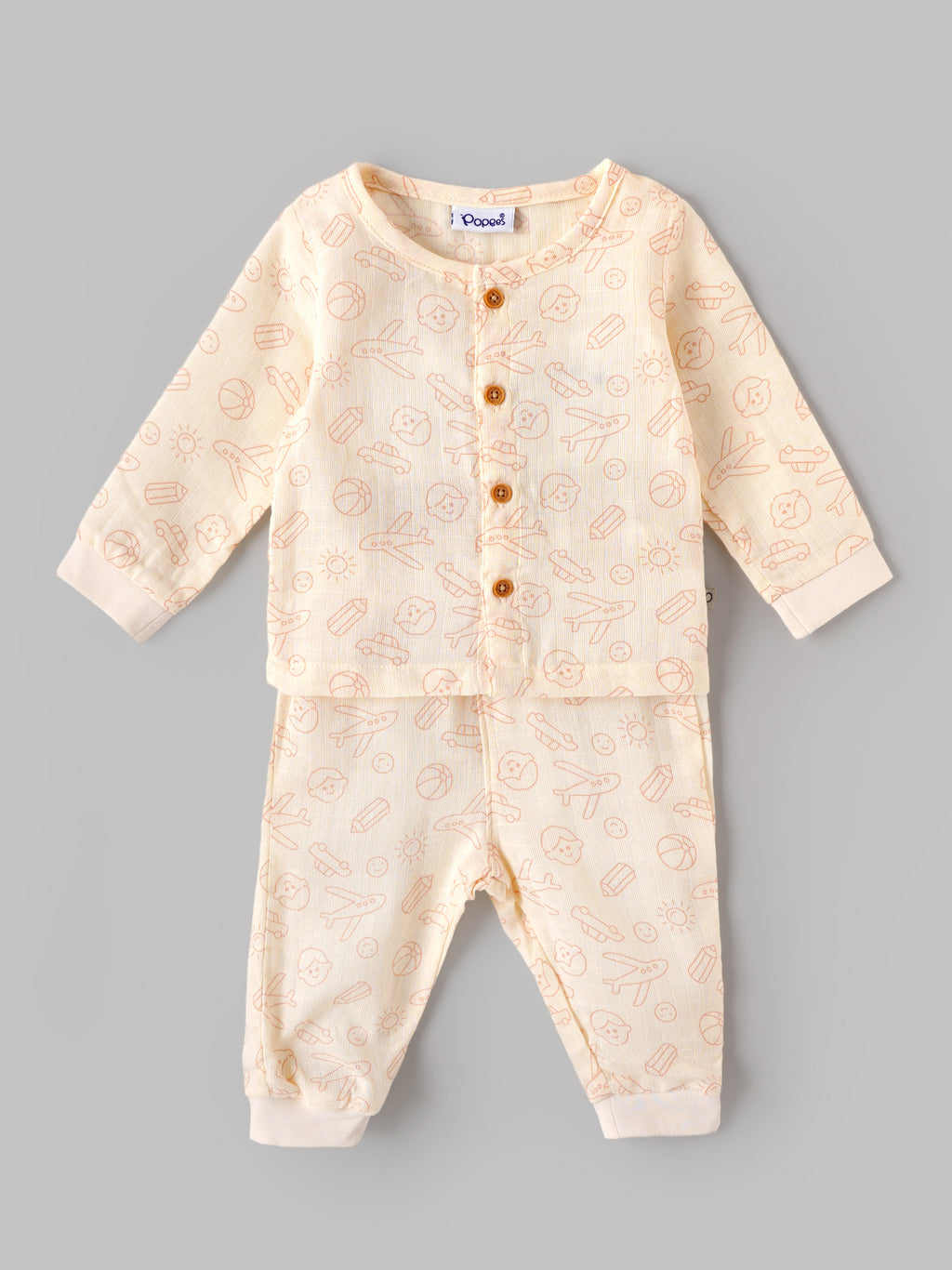 Popees Baby Boys Printed Full Sleeve Co-Ord Set | Soft Cotton Button-Front Top & Pants | Comfortable Everyday Wear | 3–24 Months