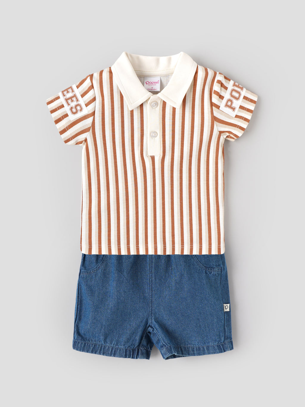 Popees Baby Boys Stylish Striped Polo T-Shirt & Denim Shorts Set | Half Sleeve Collared T-Shirt with Front Button Detail and Comfortable Denim Shorts | Brown & White | Casual Wear| 3-24 Months