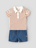 Popees Baby Boys Stylish Striped Polo T-Shirt & Denim Shorts Set | Half Sleeve Collared T-Shirt with Front Button Detail and Comfortable Denim Shorts | Brown & White | Casual Wear| 3-24 Months