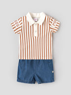 Popees Baby Boys Stylish Striped Polo T-Shirt & Denim Shorts Set | Half Sleeve Collared T-Shirt with Front Button Detail and Comfortable Denim Shorts | Brown & White | Casual Wear| 3-24 Months