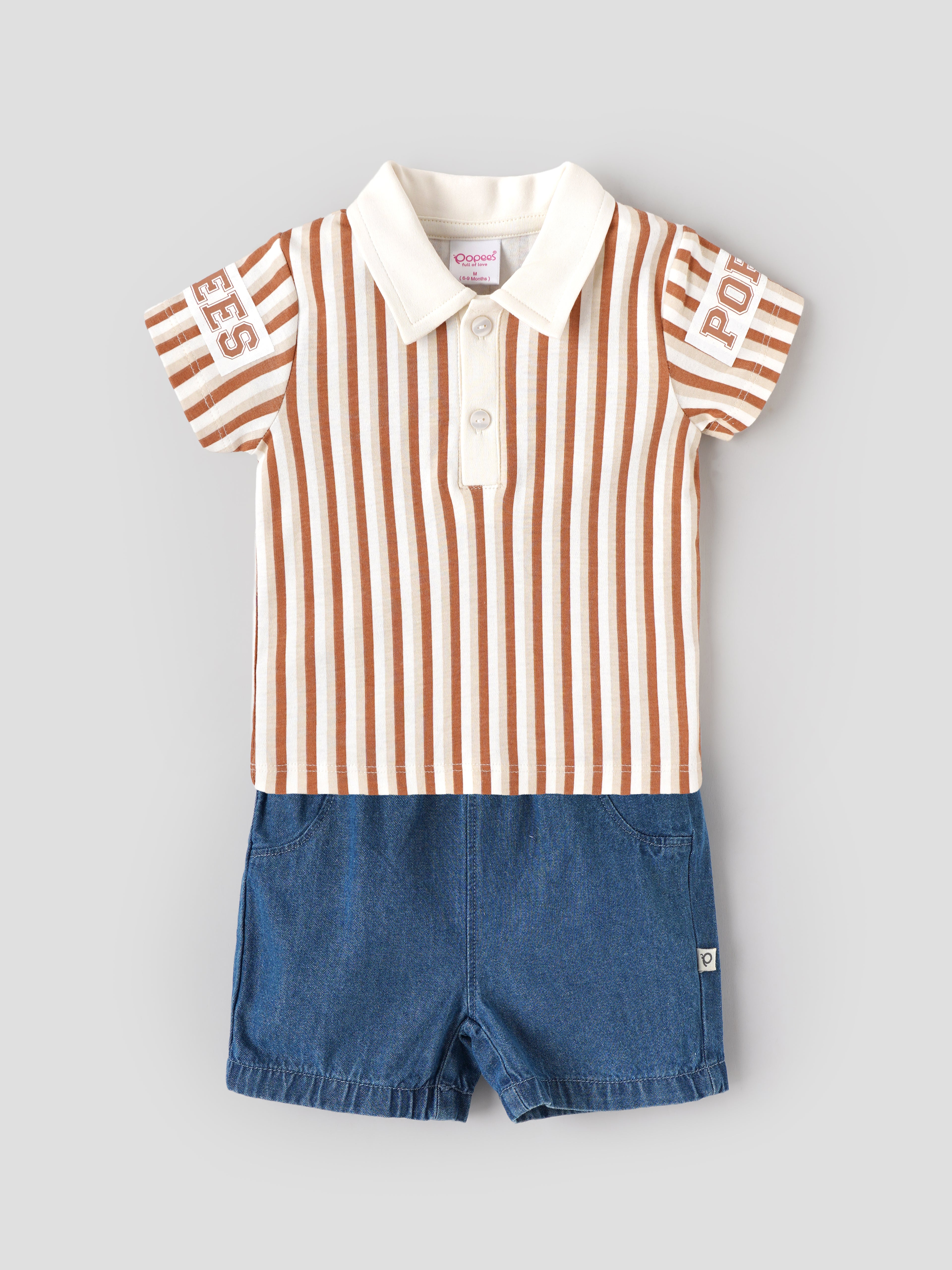 Popees Baby Boys Stylish Striped Polo T-Shirt & Denim Shorts Set | Half Sleeve Collared T-Shirt with Front Button Detail and Comfortable Denim Shorts | Brown & White | Casual Wear| 3-24 Months