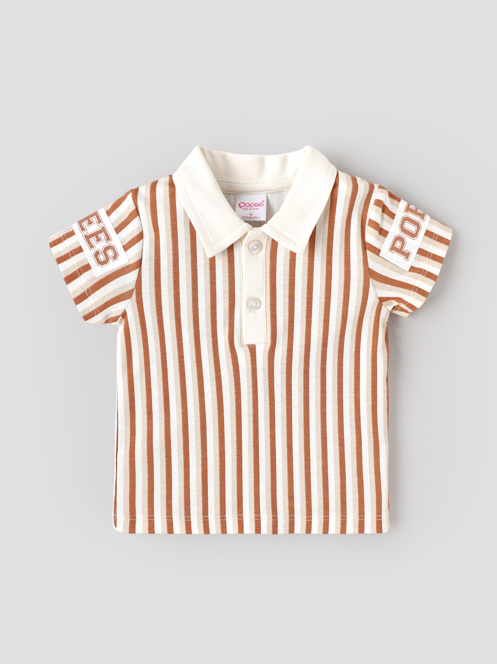 Popees Baby Boys Stylish Striped Polo T-Shirt & Denim Shorts Set | Half Sleeve Collared T-Shirt with Front Button Detail and Comfortable Denim Shorts | Brown & White | Casual Wear| 3-24 Months