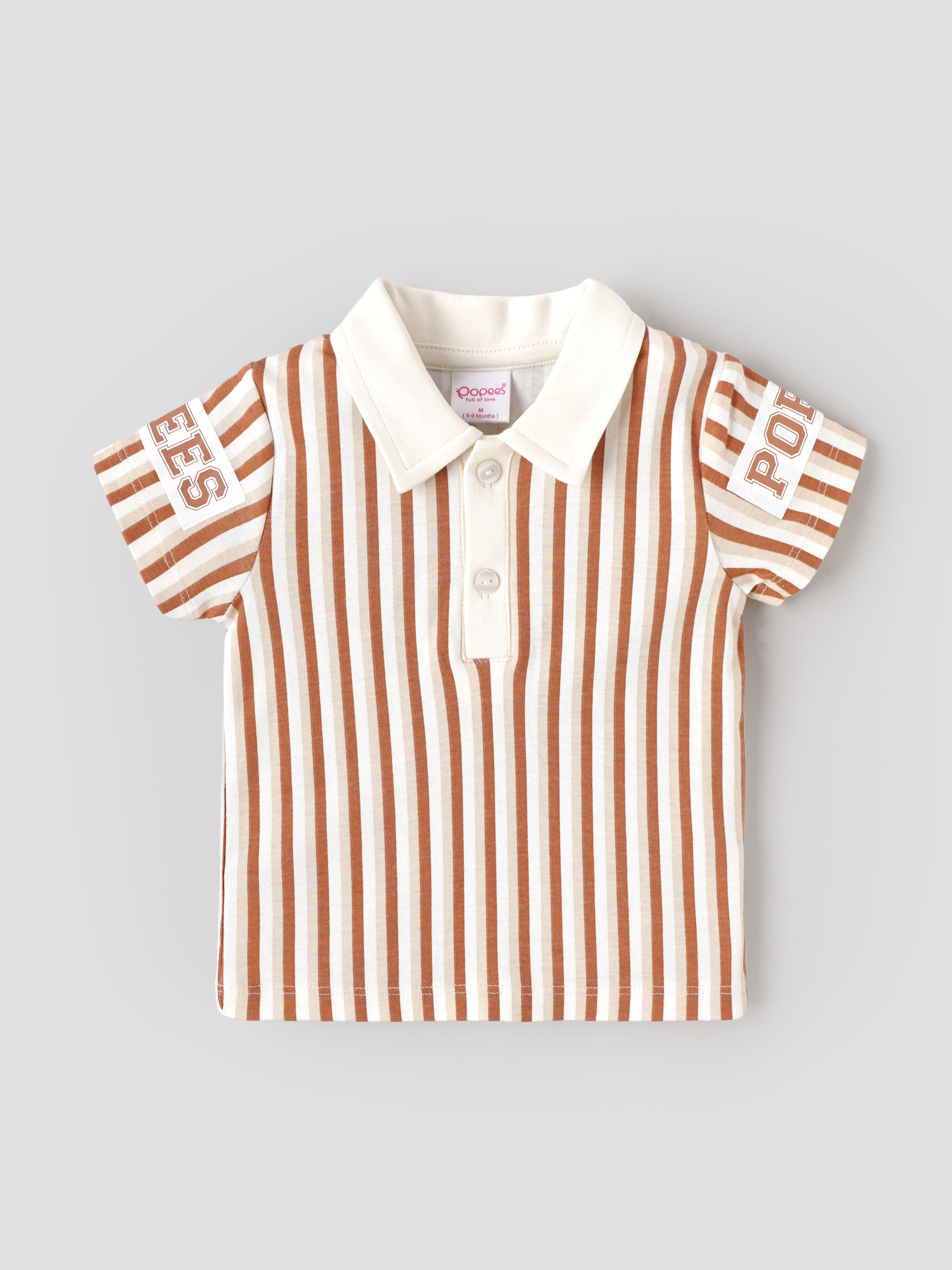Popees Baby Boys Stylish Striped Polo T-Shirt & Denim Shorts Set | Half Sleeve Collared T-Shirt with Front Button Detail and Comfortable Denim Shorts | Brown & White | Casual Wear| 3-24 Months