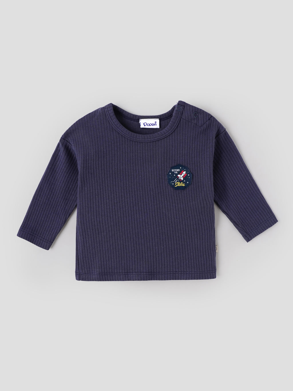 Popees Baby Boys Soft & Stylish Ribbed Full Sleeve T-Shirt | Round Neck Long Sleeve Top with Rocket Space Patch | Navy Blue | Comfortable Everyday Wear | 3-24 Months