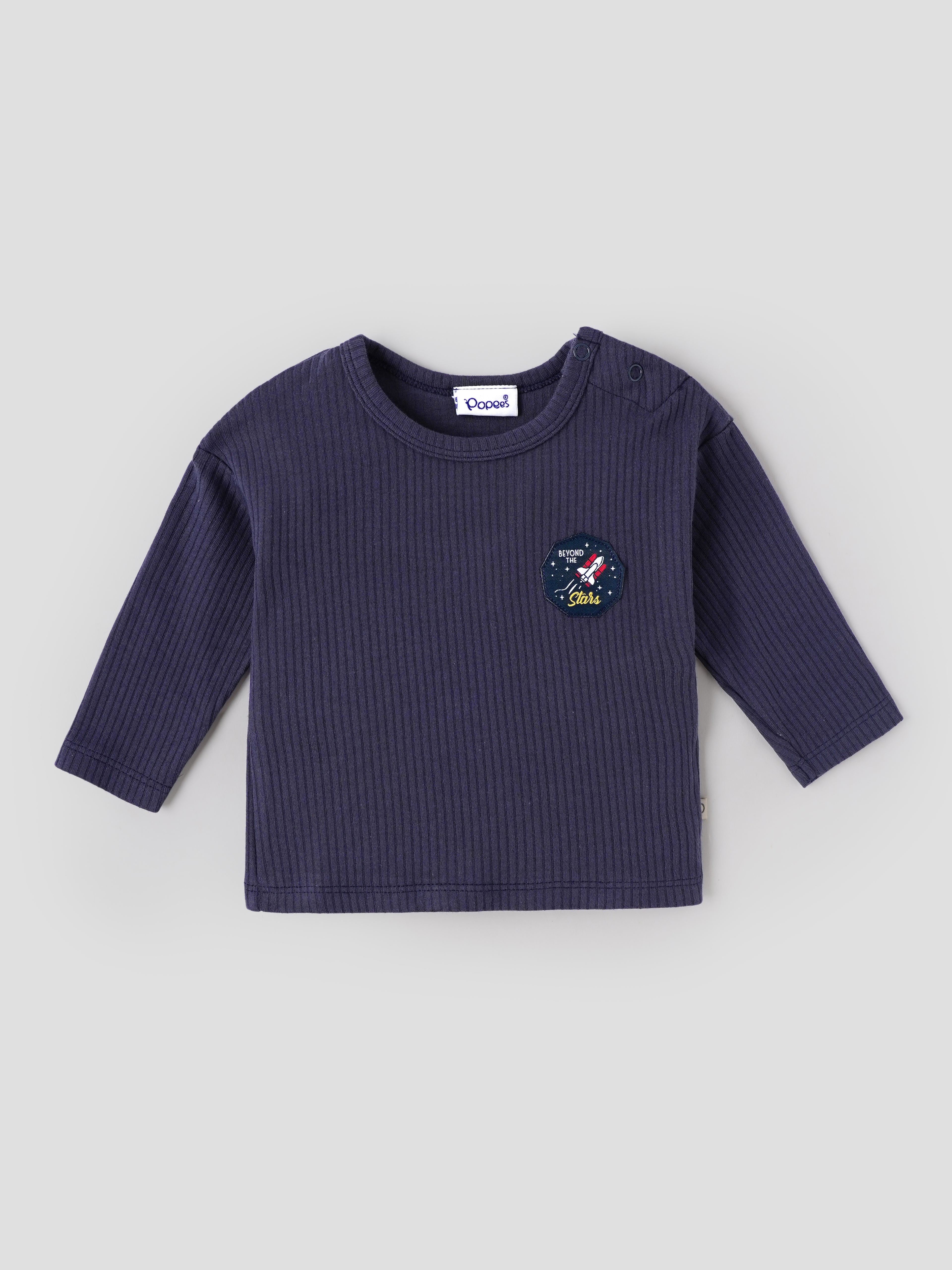 Popees Baby Boys Soft & Stylish Ribbed Full Sleeve T-Shirt | Round Neck Long Sleeve Top with Rocket Space Patch | Navy Blue | Comfortable Everyday Wear | 3-24 Months