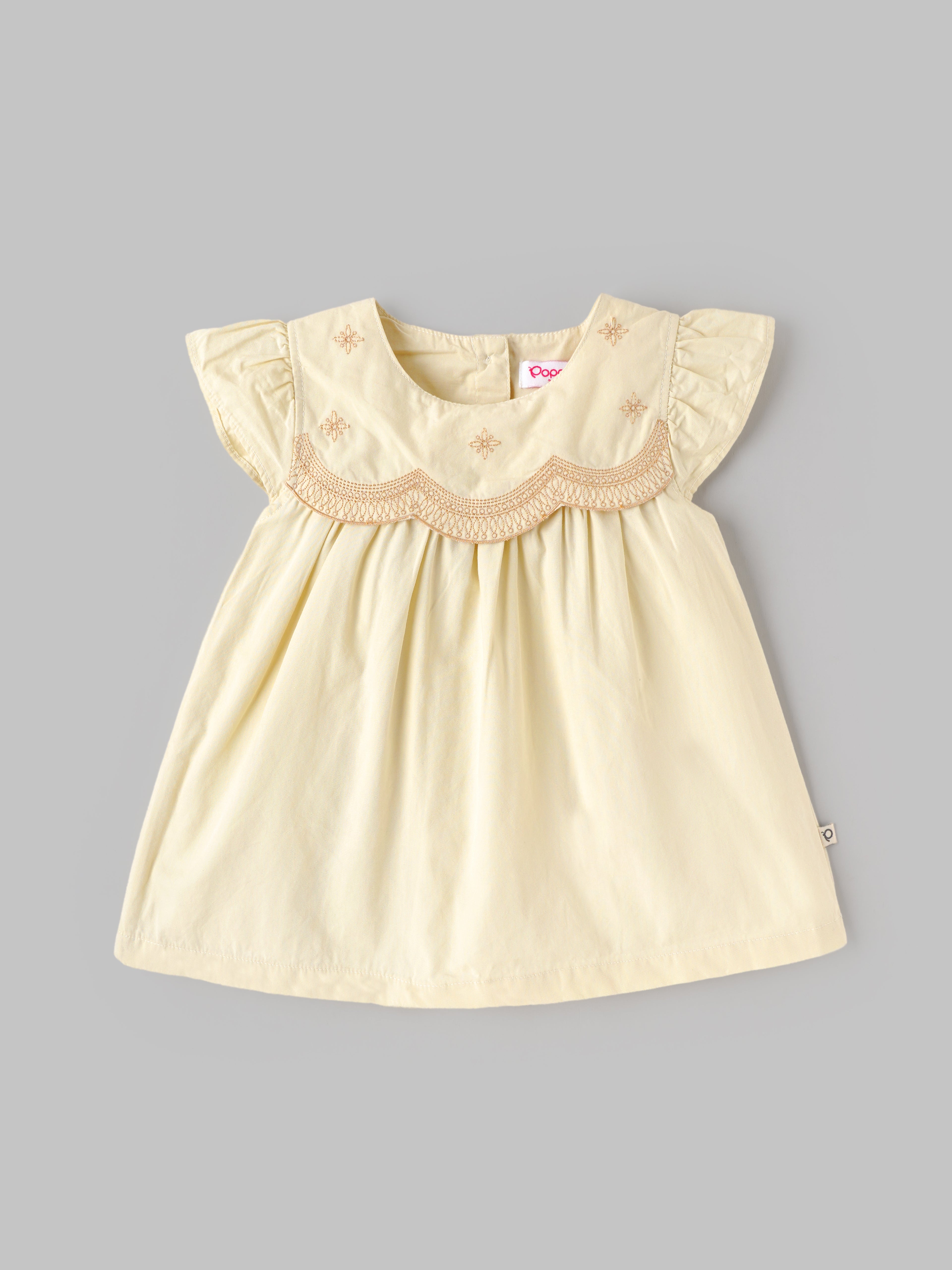 Popees Baby Girls Embroidered Collar Dress with Ruffle Sleeve |3-24 Months
