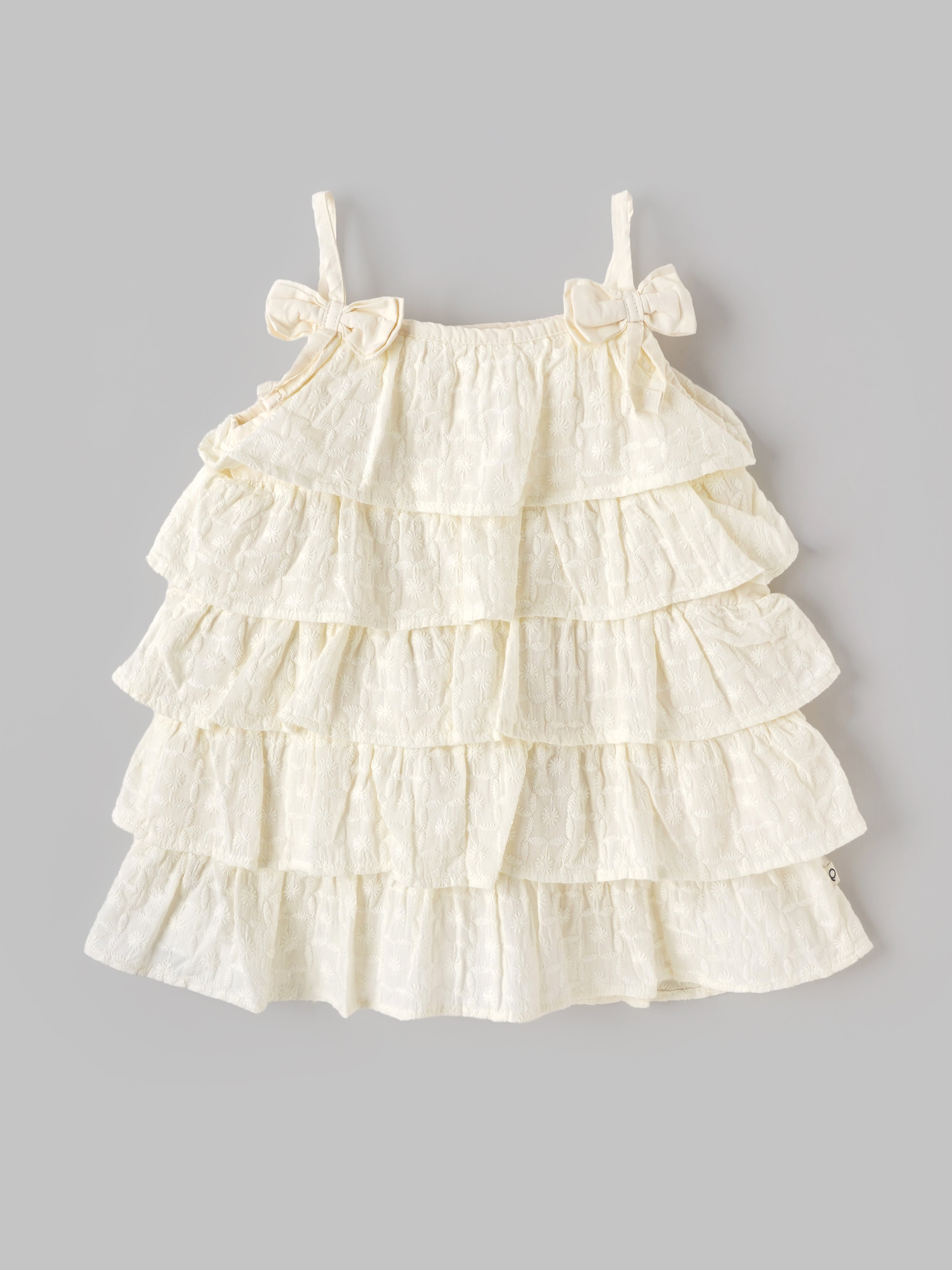 Popees Baby Girls Layered Ruffle Dress with Bow Straps – Off White|3 To 24 Months