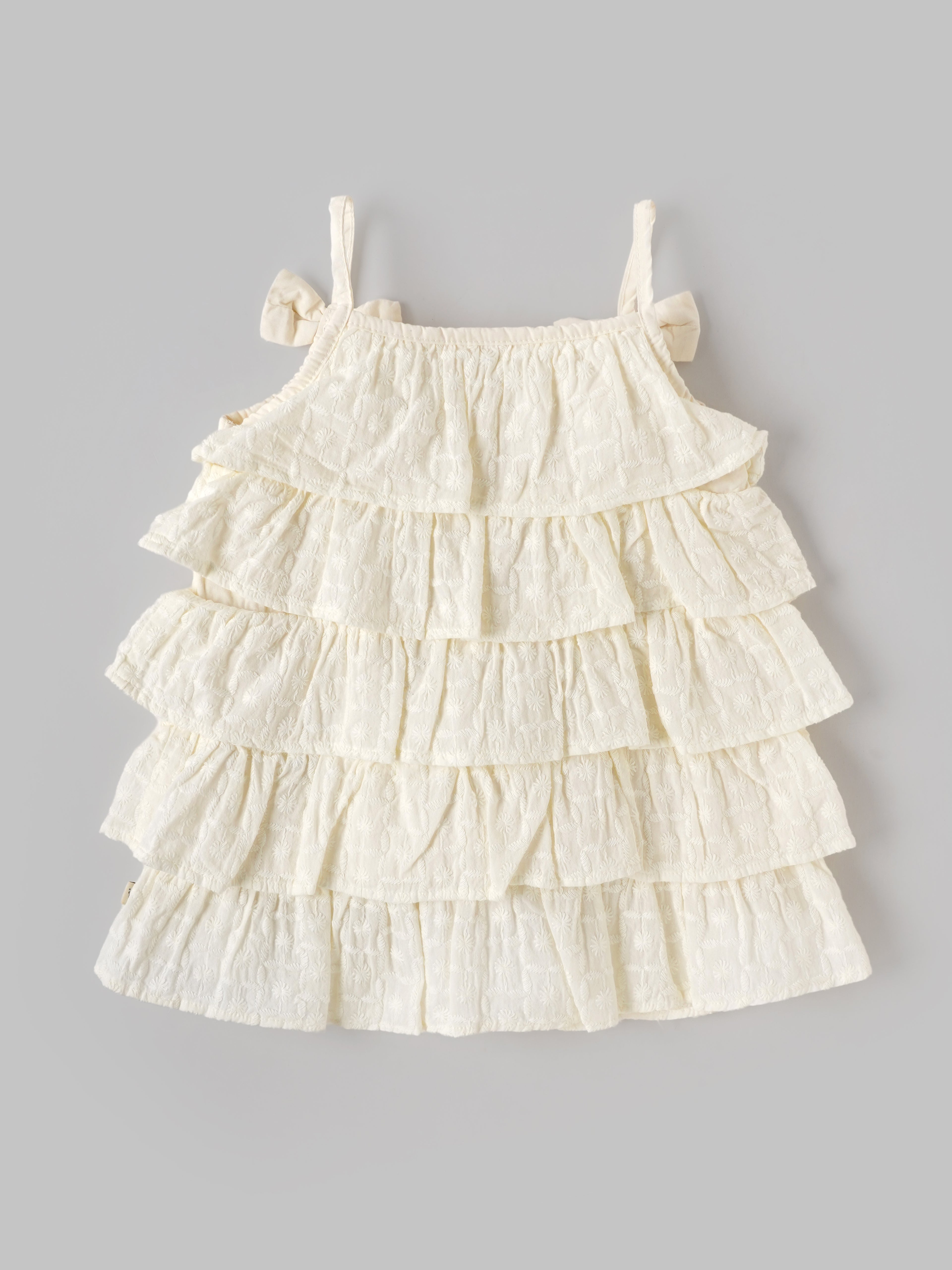 Popees Baby Girls Layered Ruffle Dress with Bow Straps – Off White|3 To 24 Months