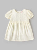 Popees Baby Girls Embroidered Puff Sleeve Dress | Soft Textured Cotton Party Dress | Off White | 3-24 Months