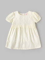 Popees Baby Girls Embroidered Puff Sleeve Dress | Soft Textured Cotton Party Dress | Off White | 3-24 Months