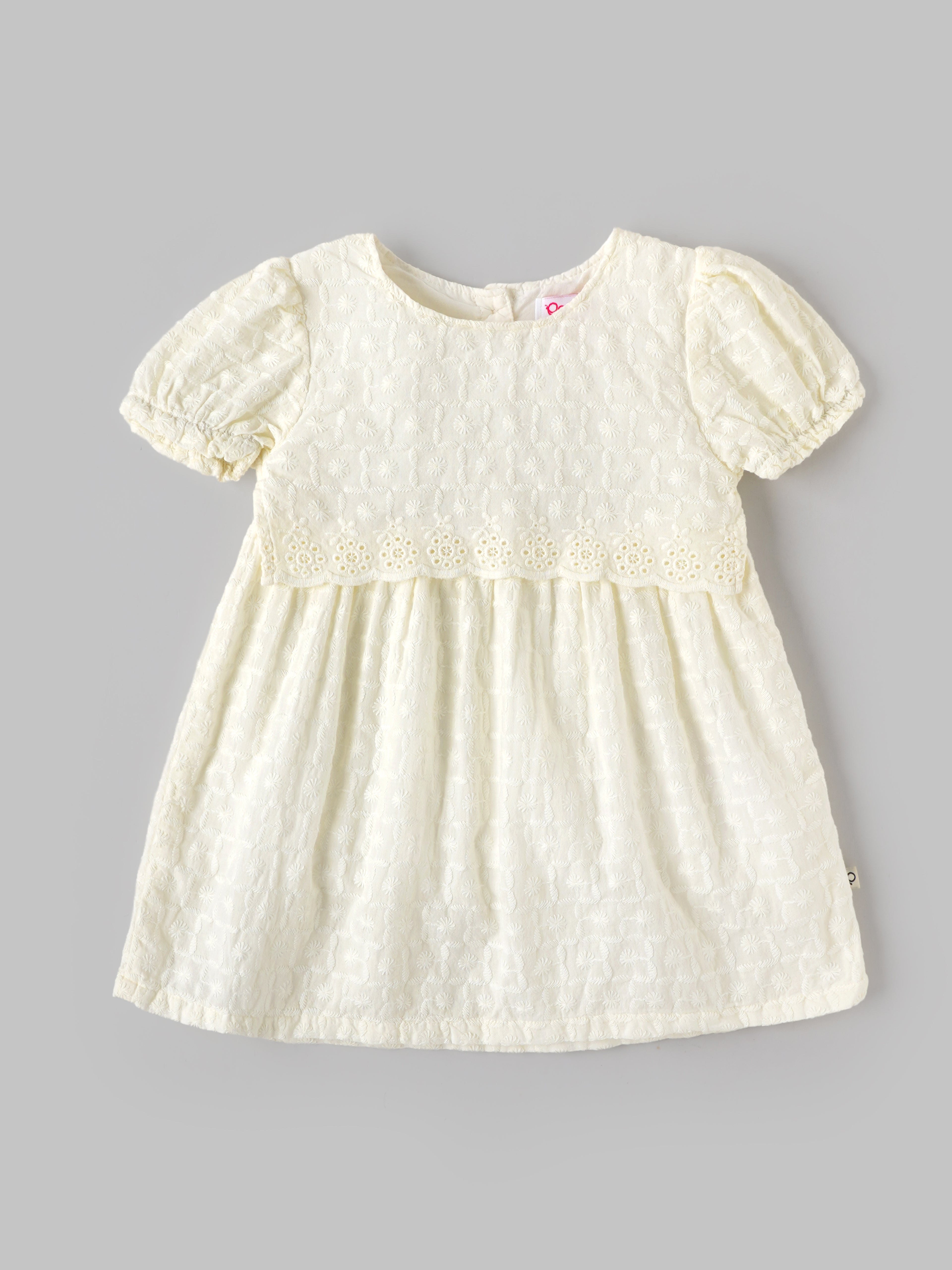 Popees Baby Girls Embroidered Puff Sleeve Dress | Soft Textured Cotton Party Dress | Off White | 3-24 Months