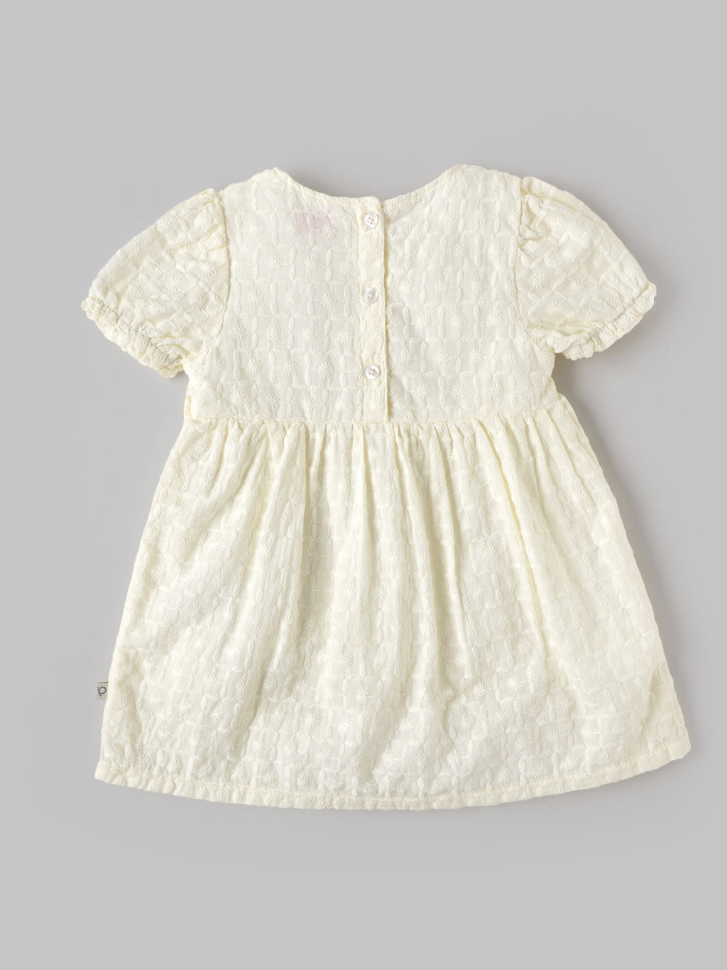 Popees Baby Girls Embroidered Puff Sleeve Dress | Soft Textured Cotton Party Dress | Off White | 3-24 Months