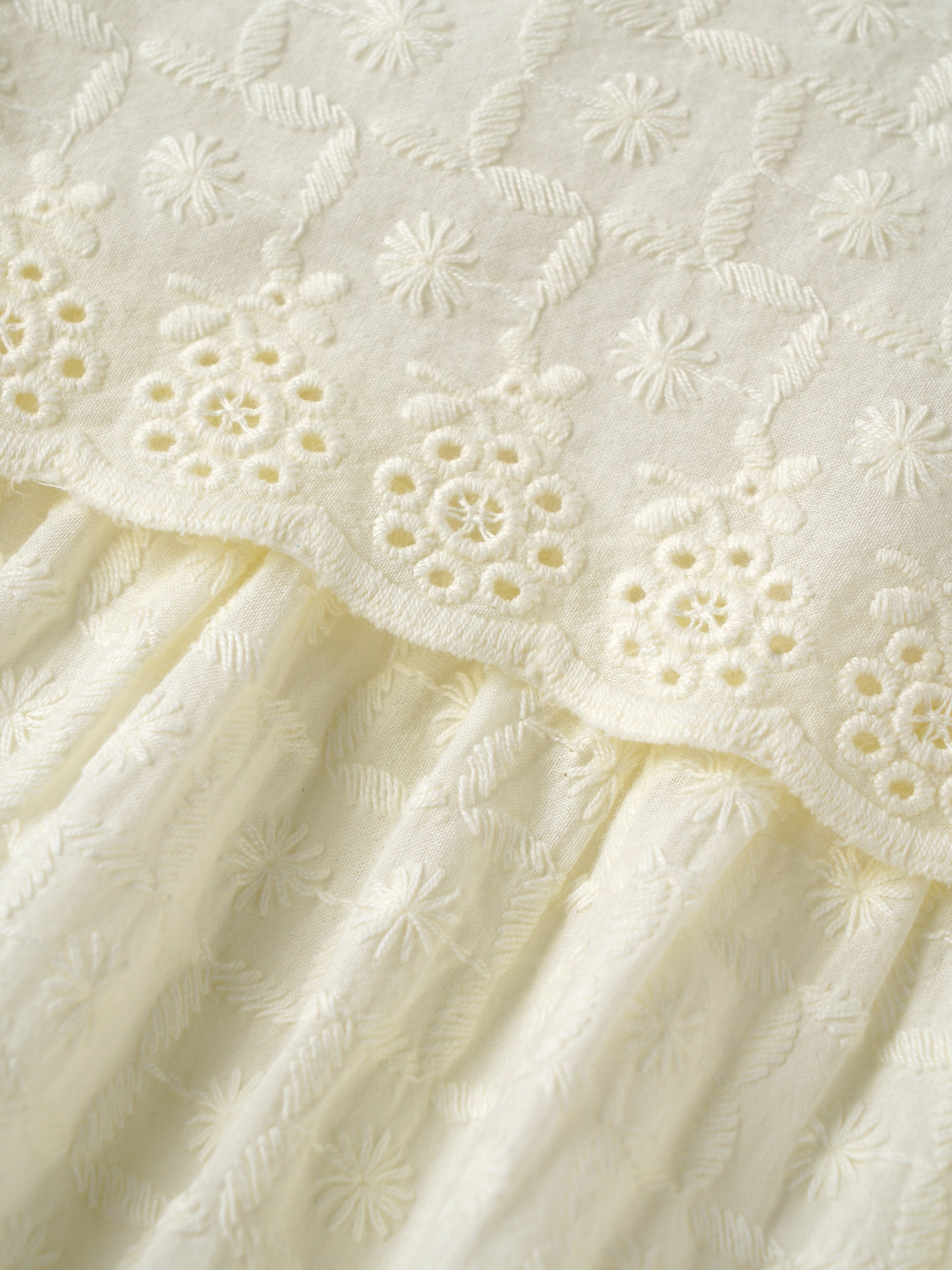 Popees Baby Girls Embroidered Puff Sleeve Dress | Soft Textured Cotton Party Dress | Off White | 3-24 Months